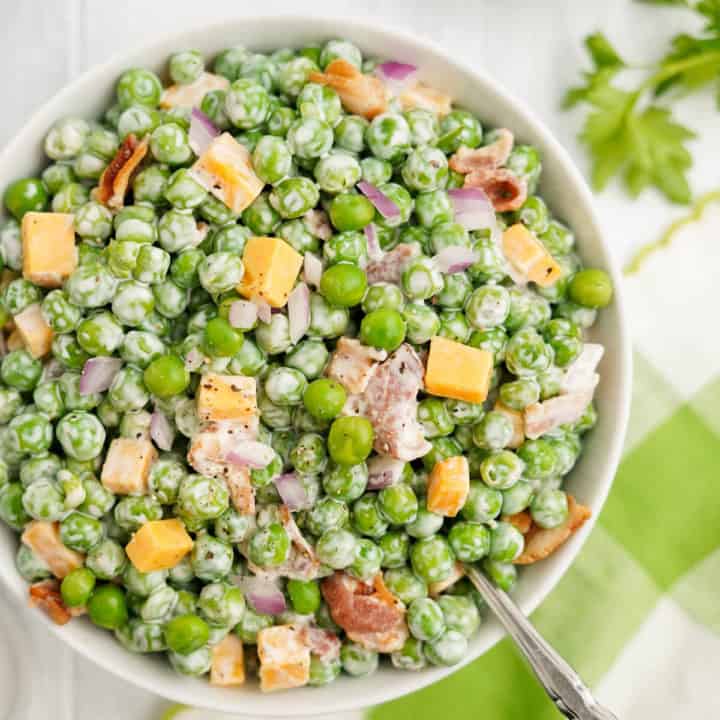 Pea salad with cheese and bacon.