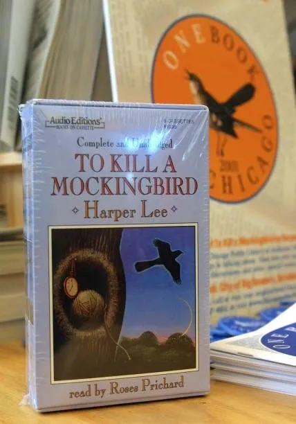 To Kill a Mockingbird" audiobook on display.